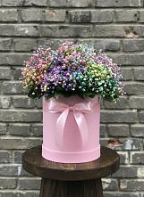 Цветочная композиция из Гипсофила и Розы в шляпной коробке в Спартак