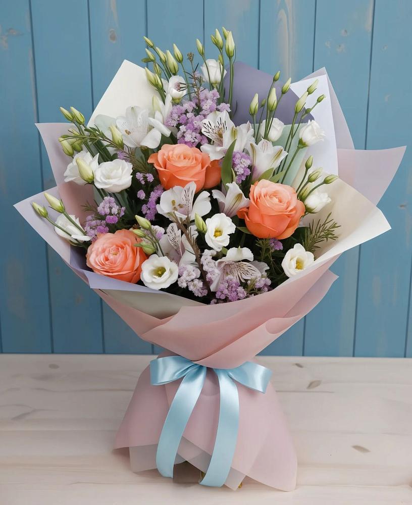 Букет цветов из: Лизиантусы, Розы, Альстромерии и Гипсофила в Спартак