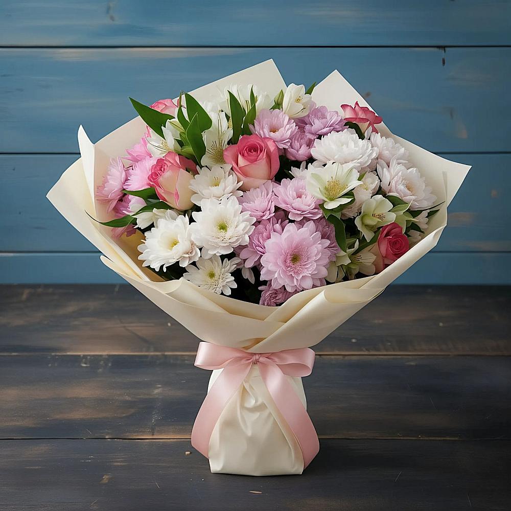 Букет цветов из: Хризантемы, Альстромерии и Розы в Спартак